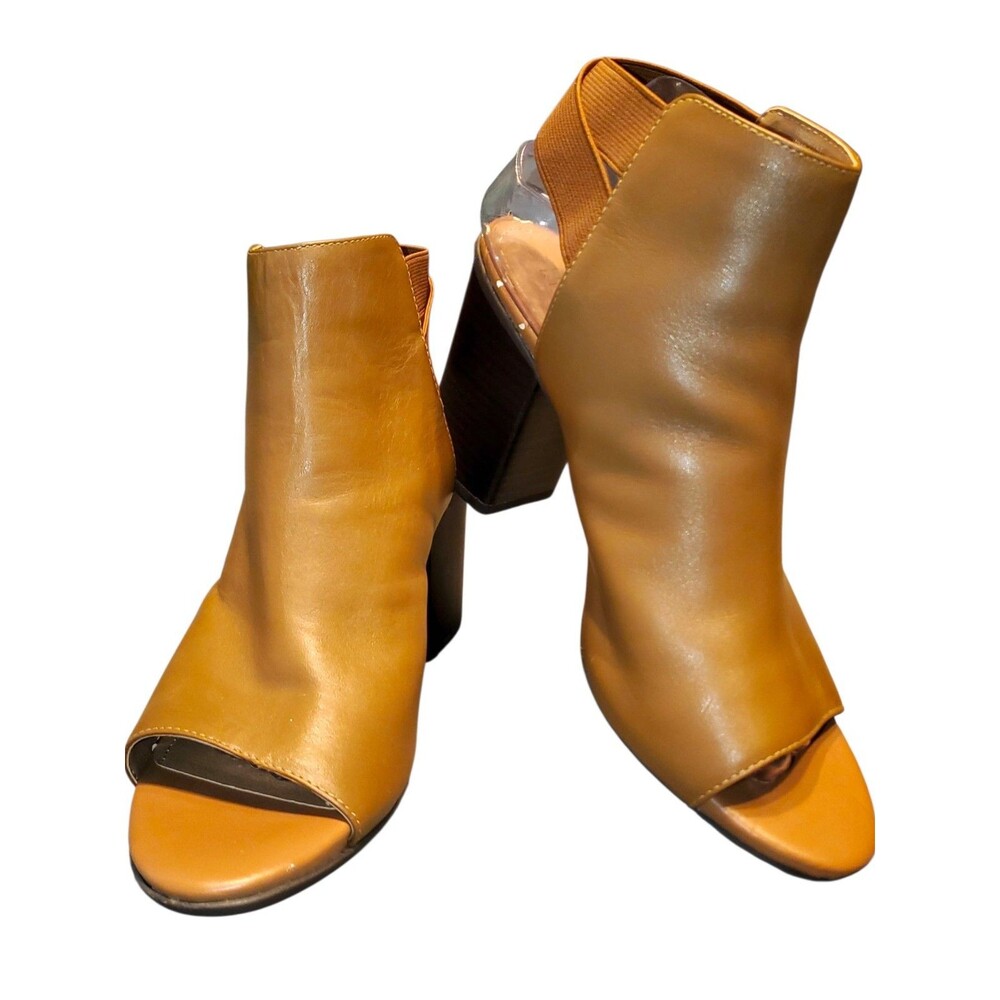 Kenneth Cole Reaction Womens Tan Open Toe Ankle Booties Chunky Heel Flaws 9.5